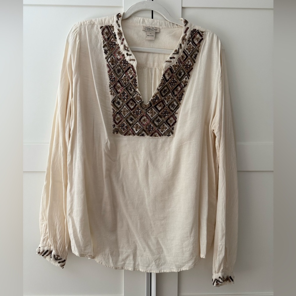 Lucky Brand Top Beaded Sequin Embellished Boho Western Cream Brown, XL